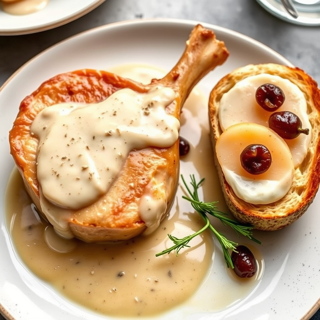 Svinekoteletter i kremet sjampanjesaus med rosinbrød og pære