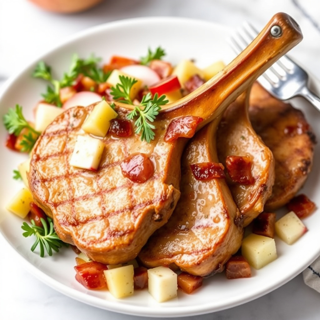 Svinekoteletter med eple- og baconsalat