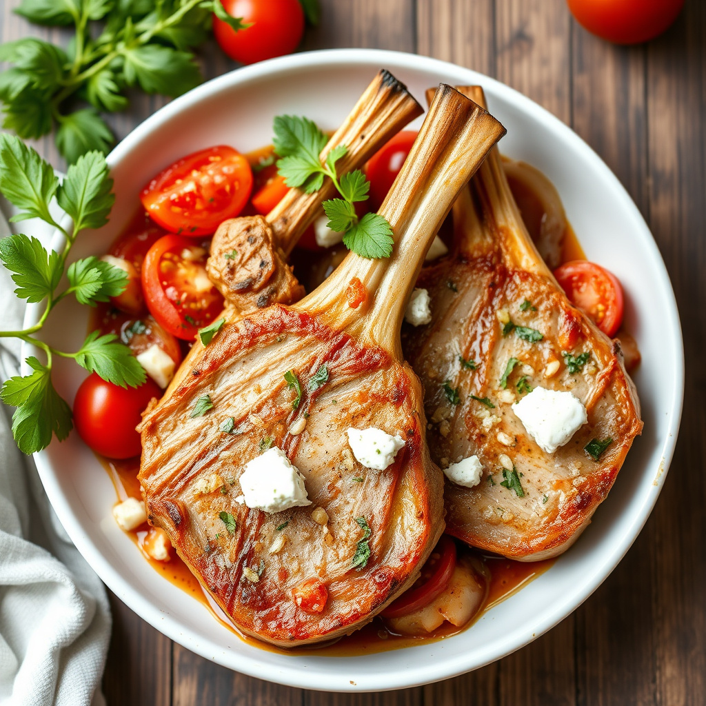 Svinekotletter med fersk tomat, løk, hvitløk og fetaost