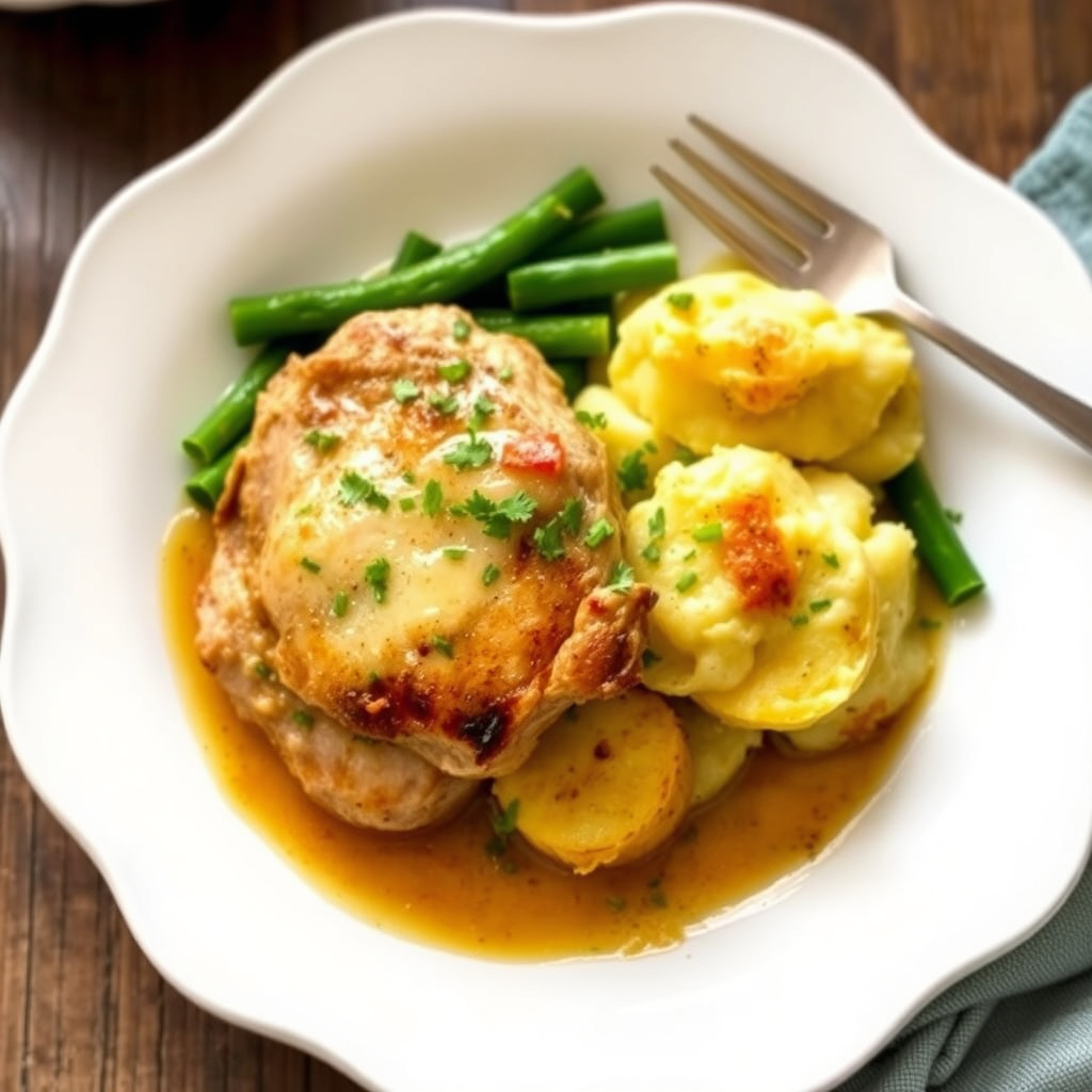 Svinekoteletter med gratinerte poteter