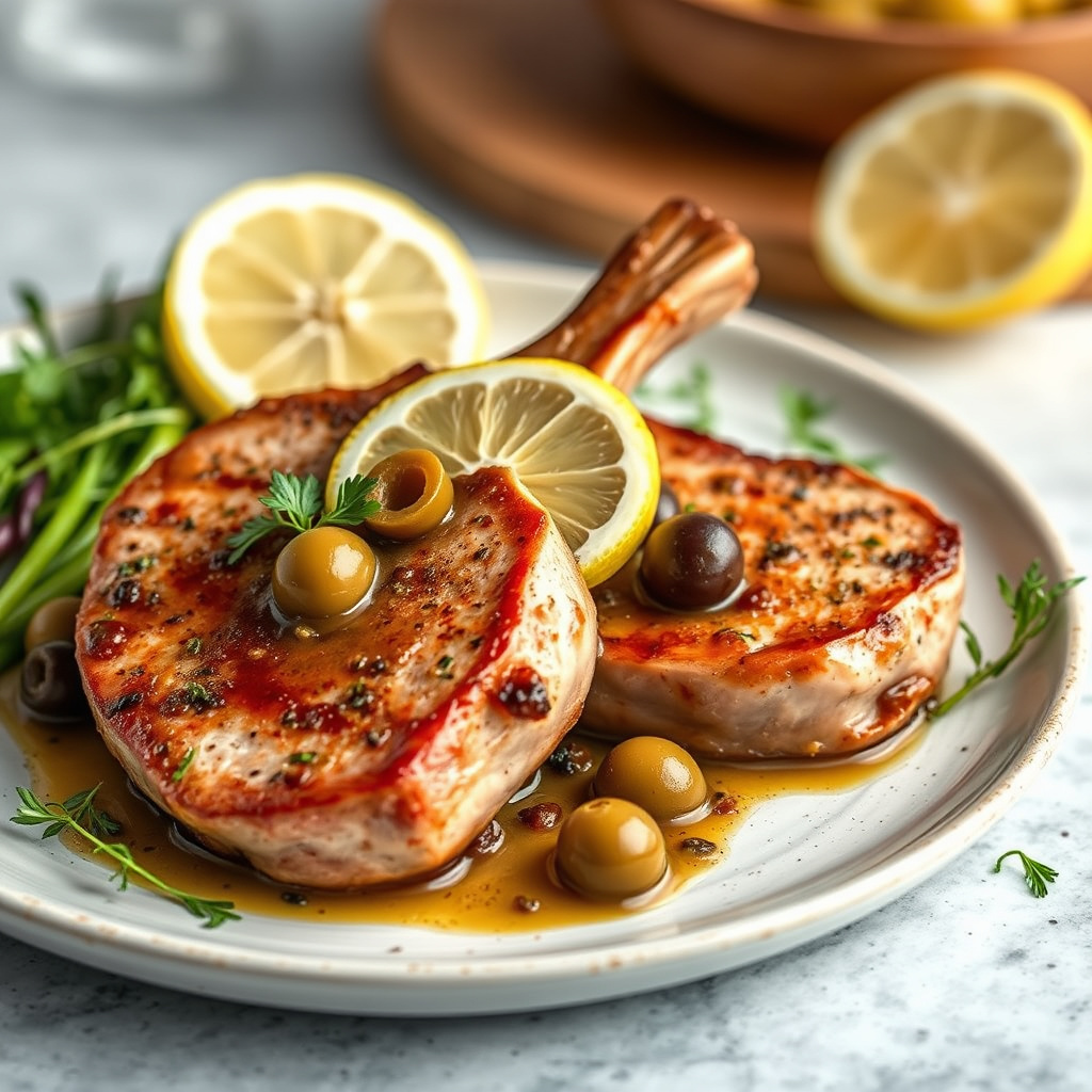 Svinekotletter med grønne oliven og sitron