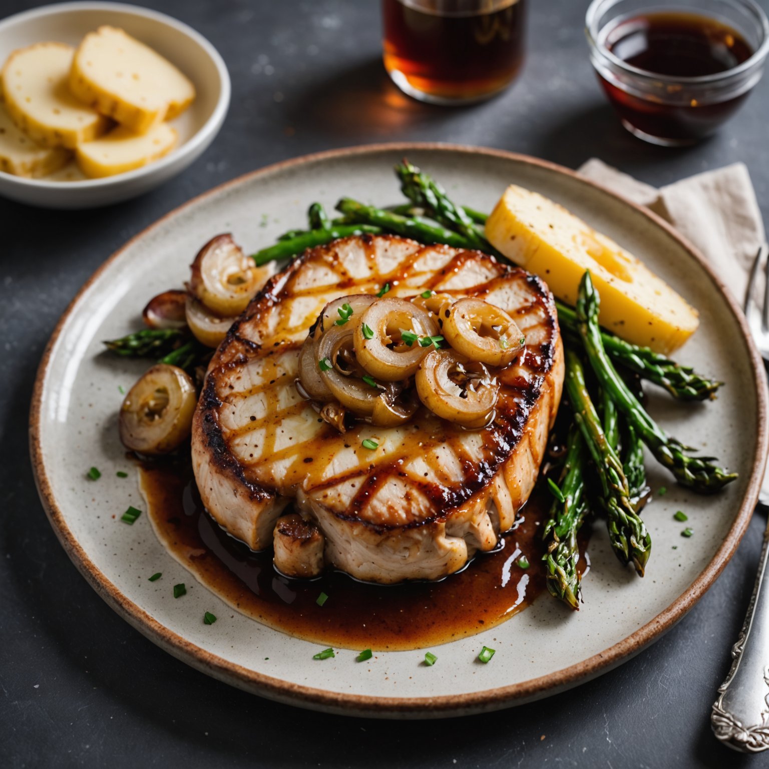 Svinekoteletter med karamellisert løk og røkt gouda