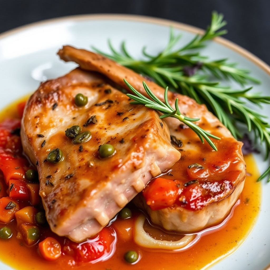 Svinekoteletter med stuede tomater, kapers og rosmarin