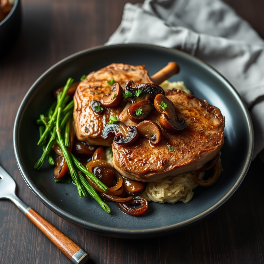 Svinekotletter med ville sopp og karamelliserte løk