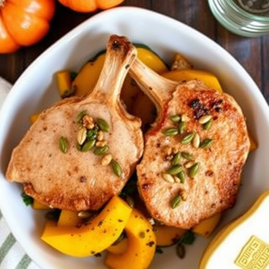 Svinekoteletter og squash med gresskarfrøvinaigrette