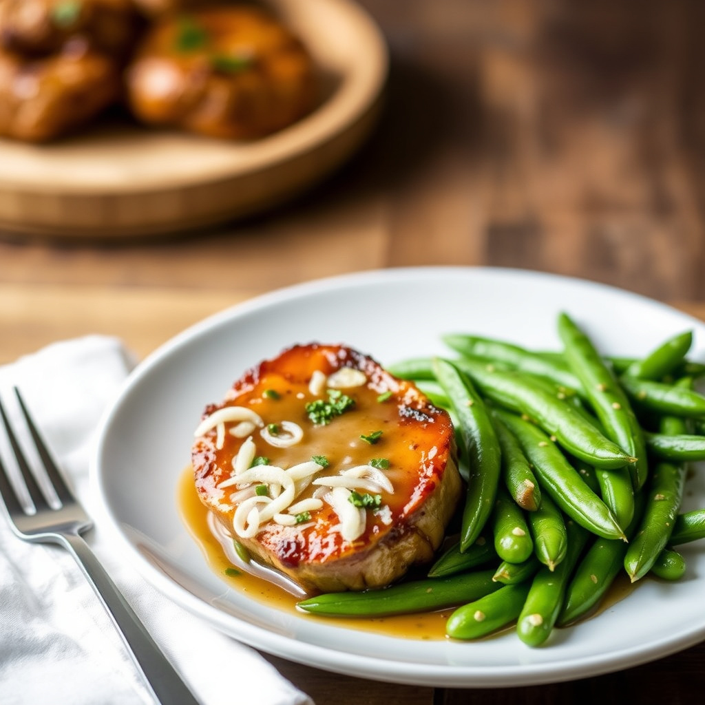 Svinekotletter og sukkererter med mynte-bourbon-glasur