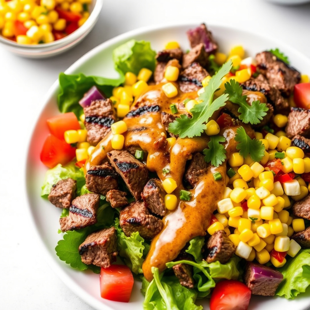 Sydvestgrillet biffsalat med mais-salsa og chipotledressing