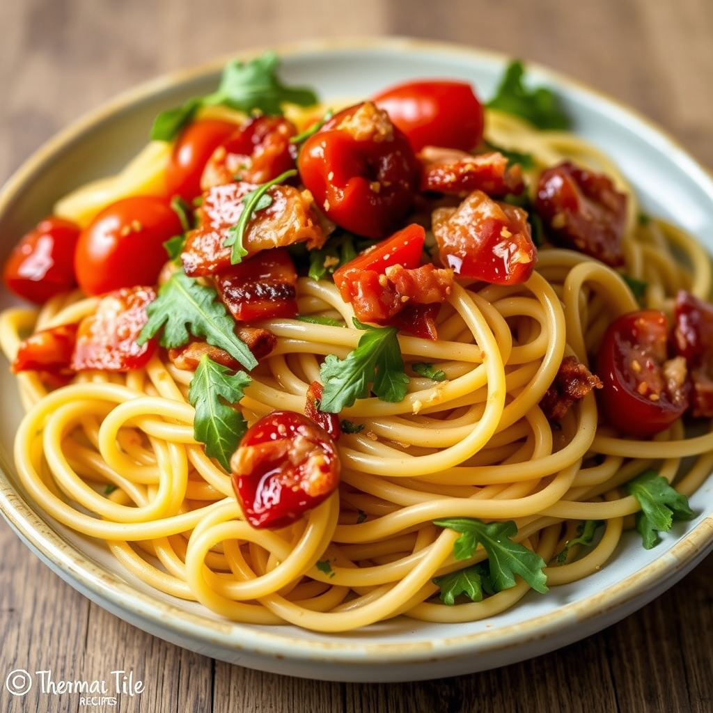 Tagliatelle med bacon, sprengte cherrytomater og ruccola