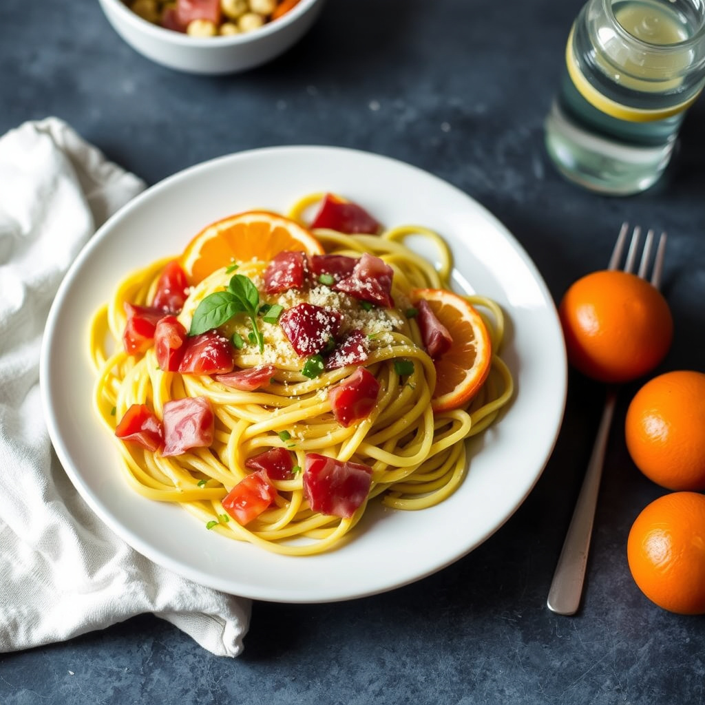 Tagliatelle med prosciutto og appelsin
