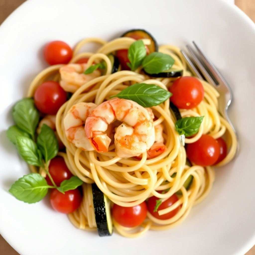 Tagliatelle med reker, squash og cherrytomater