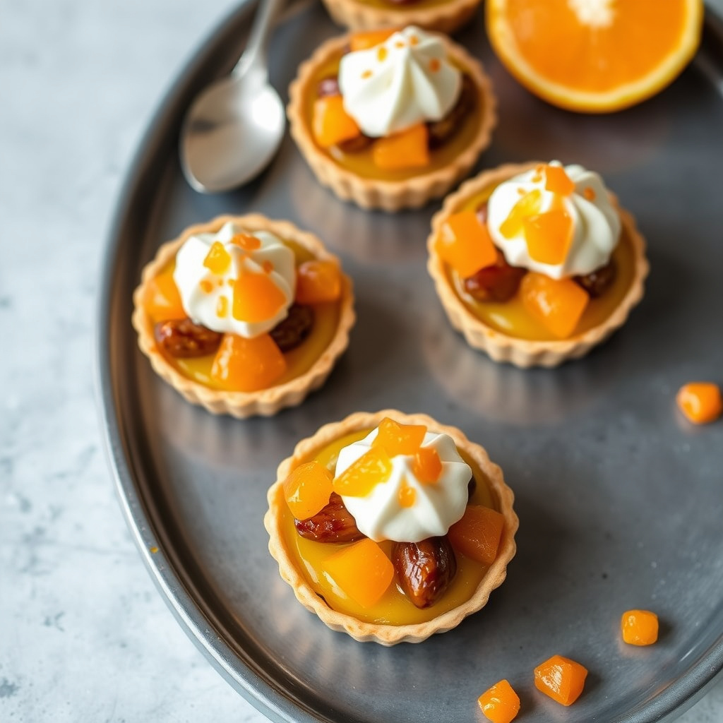 Tangerine-date-tartletter med kulturmelk-visp og mandarinagranita