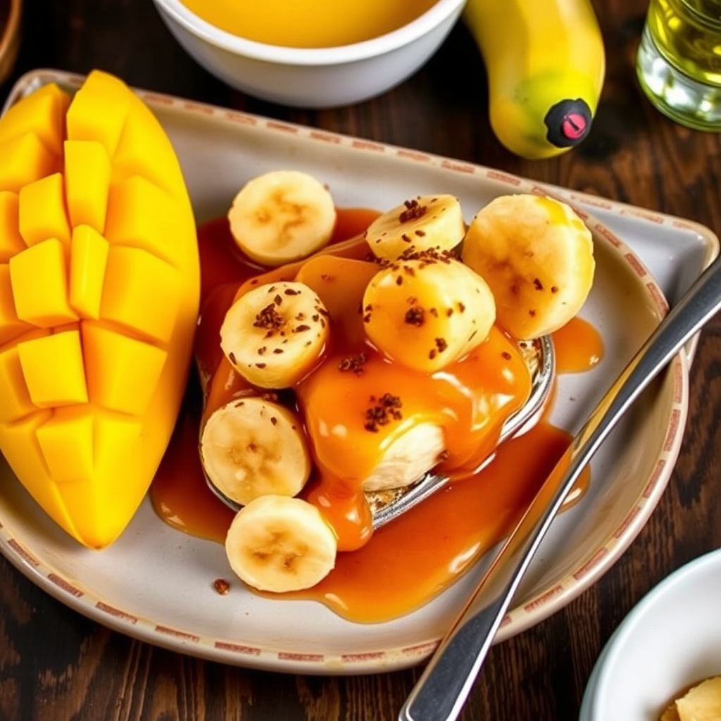 Flambert mango og banan med tequila