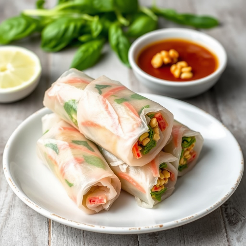 Thailandske basilikumruller med hoisin-peanøttsaus