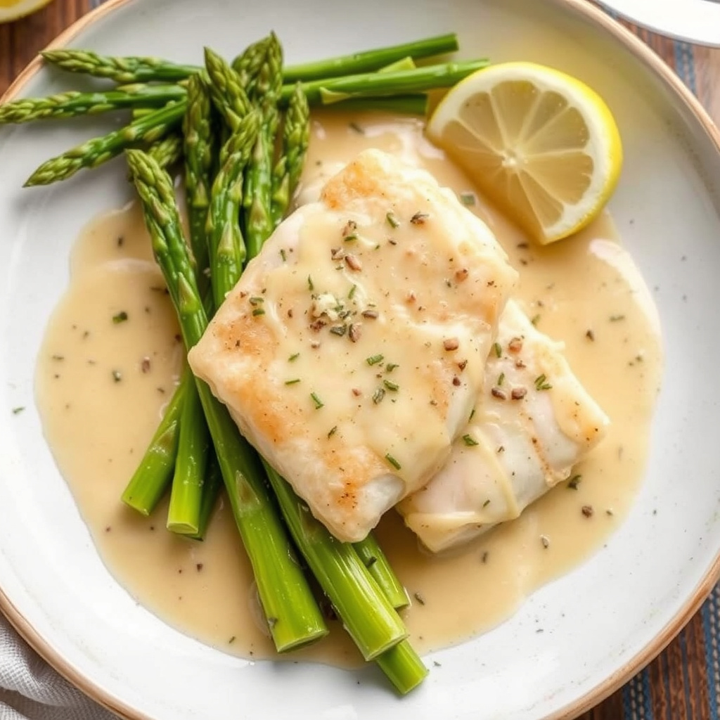 Tilapia- og aspargesbunter med hvitvinsaus