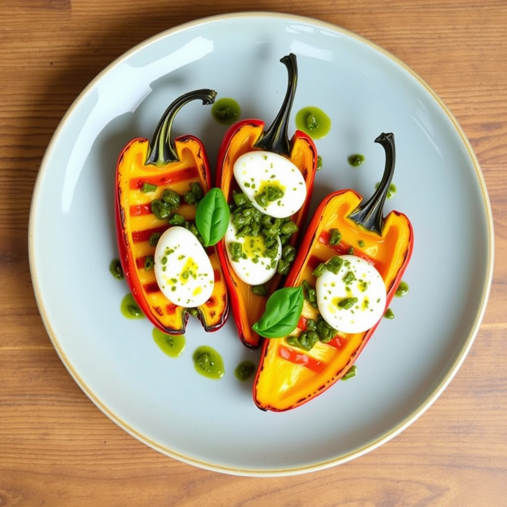 To ganger grillet paprika med buffalo-mozzarella og kapers-basilikum vinaigrette