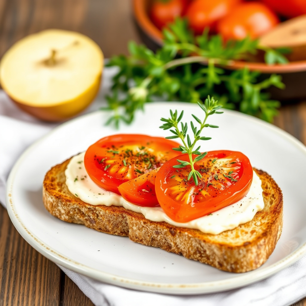 Toast med tomat-smør og merian