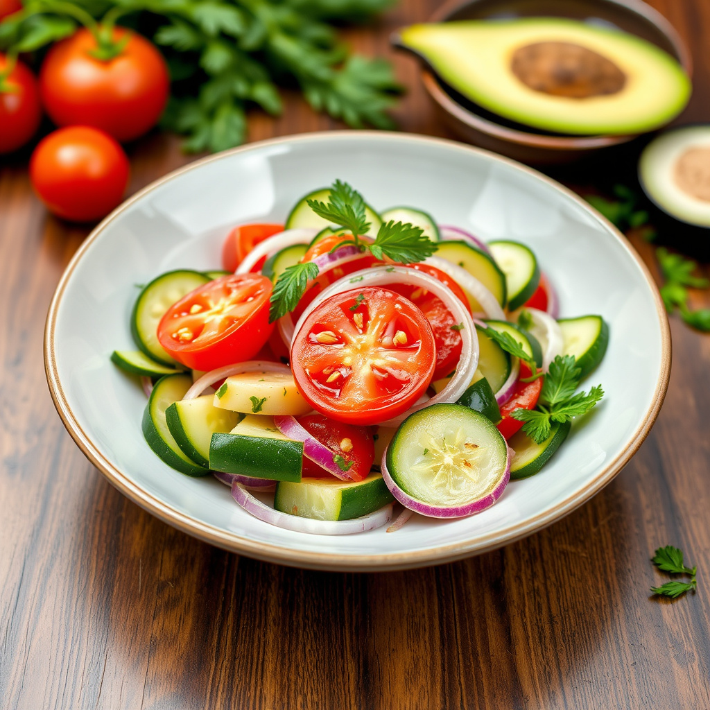 Tomat-, løk- og agurksalat