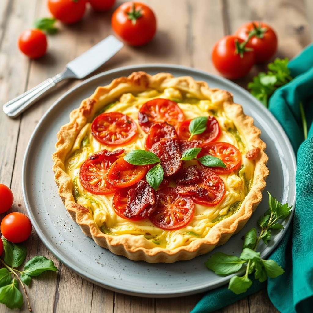 Tomat- og purreløkstærte med bacon