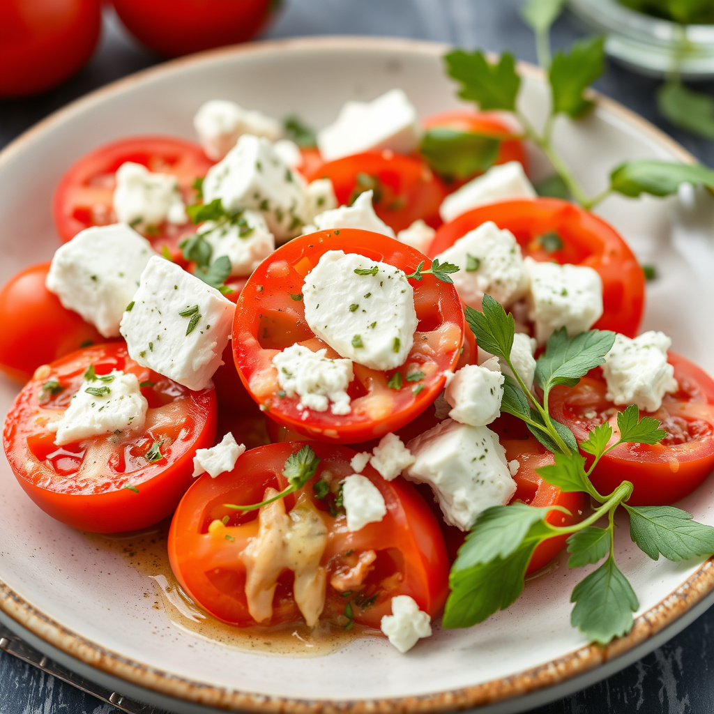 Tomater og fetaost med urter og hvitløksdressing