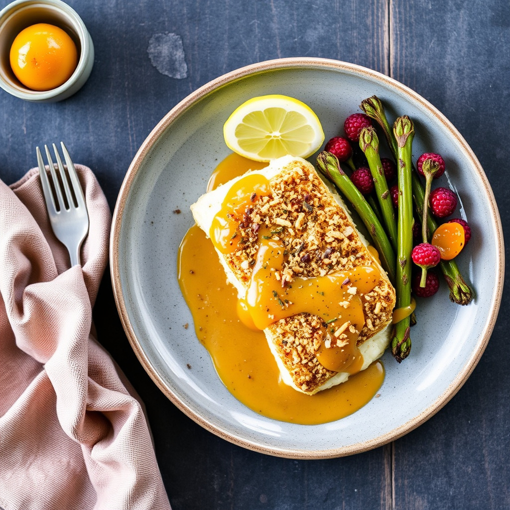Torsk med pretzel-kruste og aprikos-dijonsaus