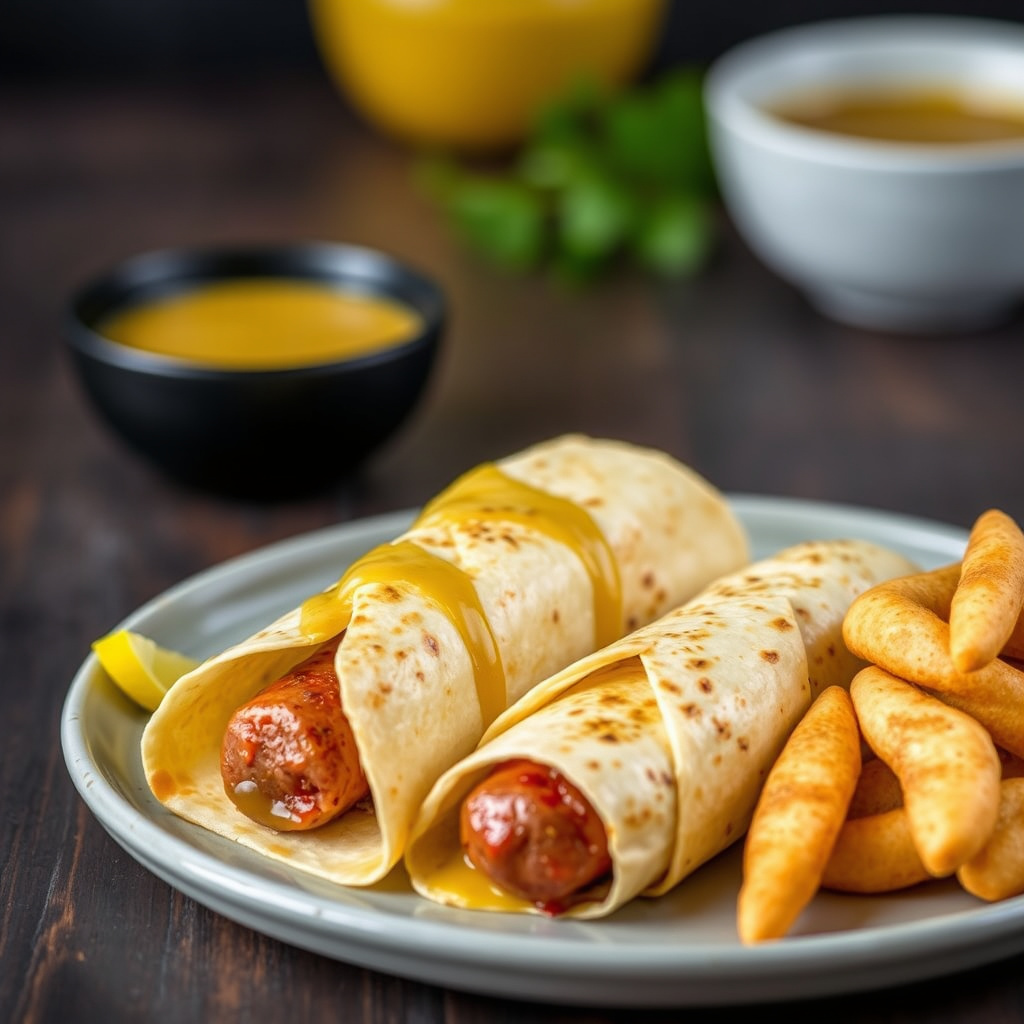 Bratwurst i tortilla med kremet sennepssaus