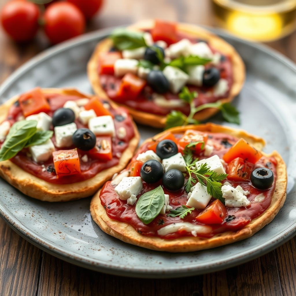 Tortillapizza med fetaost, tomater og oliven
