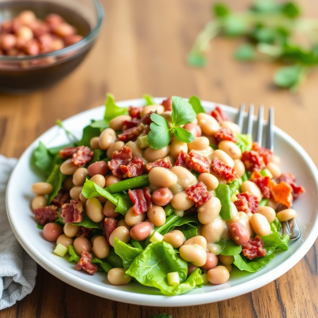 Tre-bønnesalat med bacon-dressing