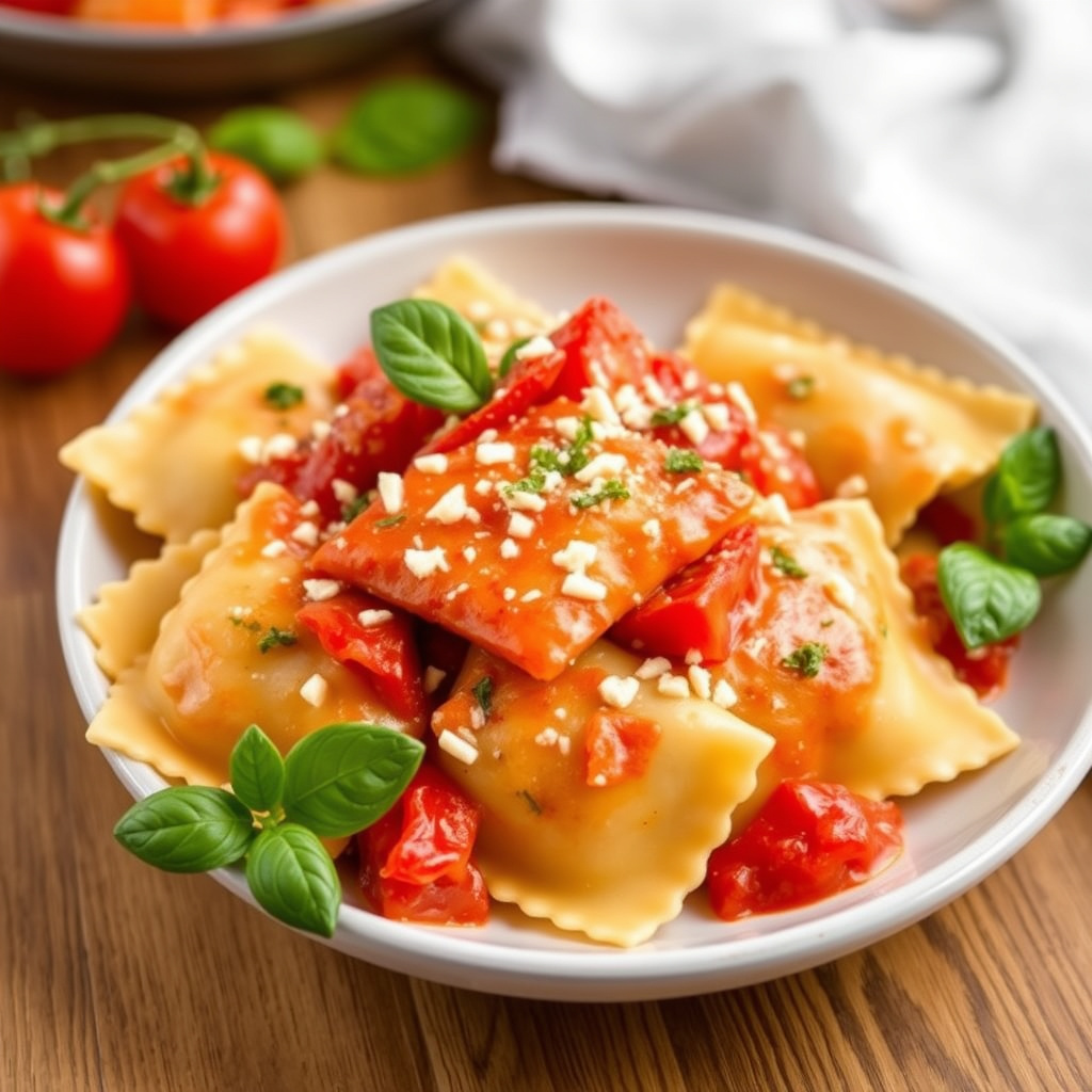 Tre oste-ravioli med rød paprika