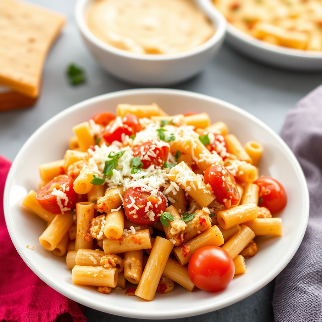 Tre oster makaroni med tomater