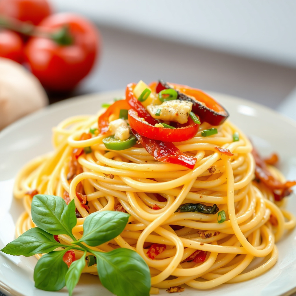 Tre-pepper og løk spaghetti