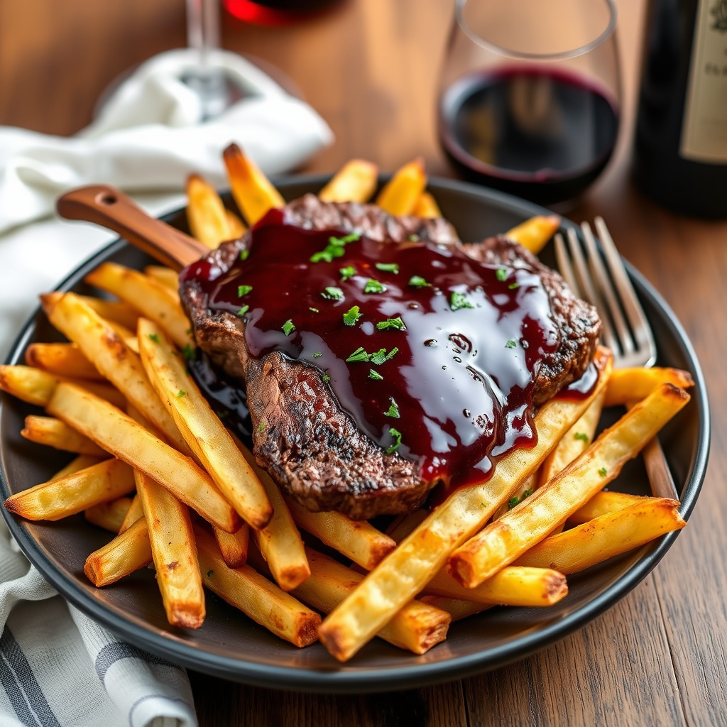 Tri-Tip biff med pommes frites og rødvinssaus