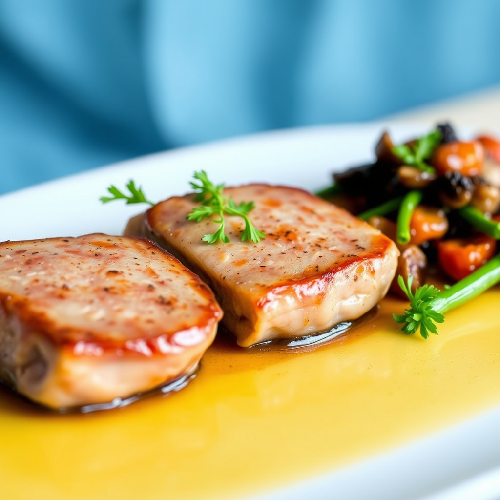 Trio av and med sopp og confiterte tomater, saus med smør