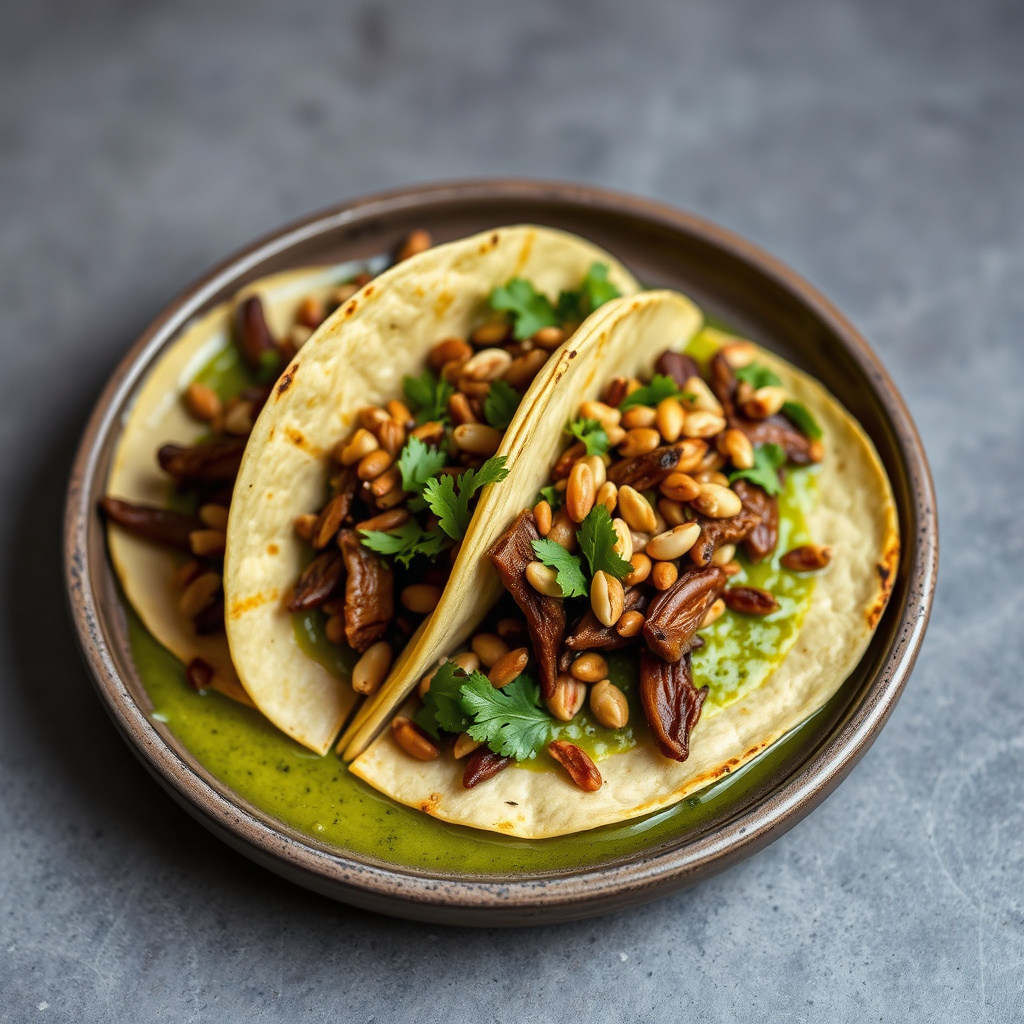 Tripe Tacos i urtesaus med tomatillo, servert med ristet frø og nøtter