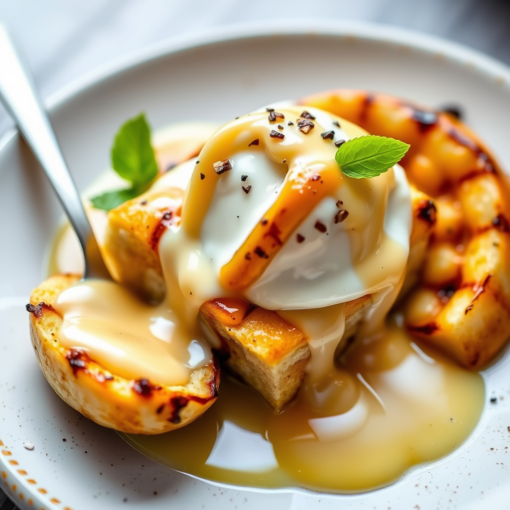 Tropisk brødpudding med grillede bananer og vaniljeromsaus