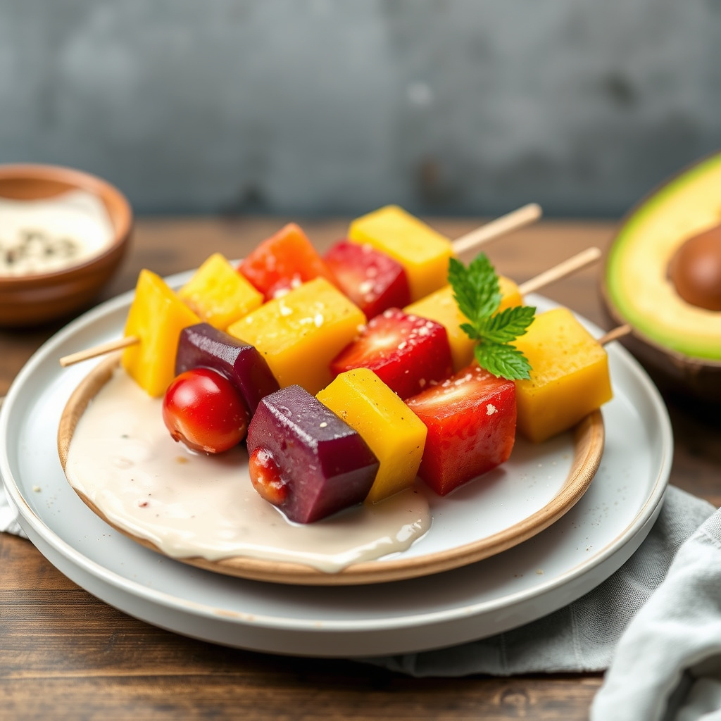 Tropiske fruktspyd med appelsin- og lønnesirup-kokossaus til dipping