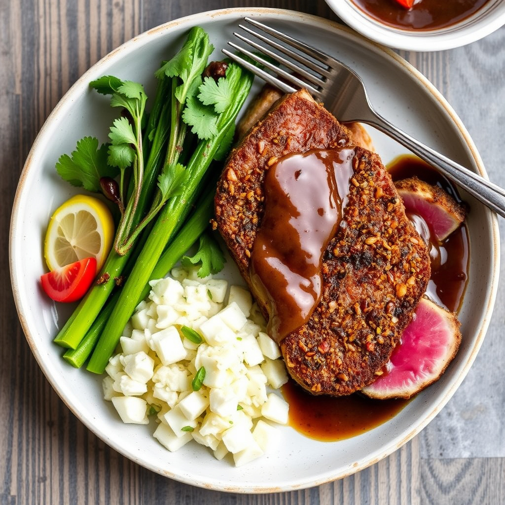Tuna "steak" med krydret skorpe og svartbønne- Shiraz-smørsaus