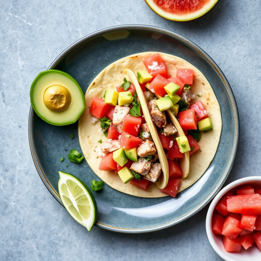 Tunataco ceviche-stil med avokado- og vannmelonsalsa