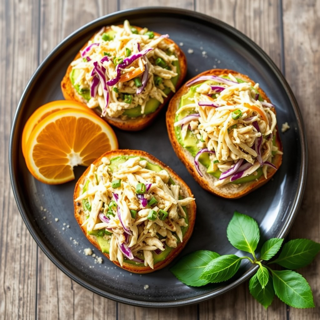 Tunfisk- og avokadosandwich på åpen face med sprø kålsalat og fem-smakssitroner