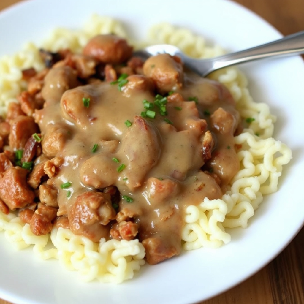 Kalkun- og pølsehash med fløtesaus