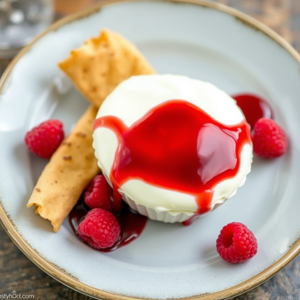 Ultimate hvit sjokolademousse med sjokoladekyss og bringebærsirup