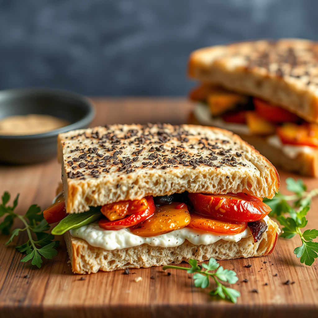 Urtegeitost og grillede grønnsaksandwicher