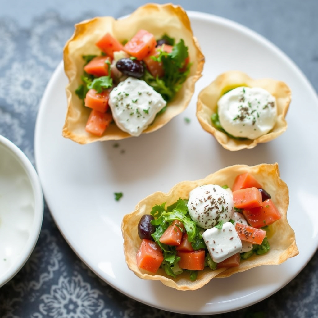 Urtegeitost og markedsalat i filodeigskåler
