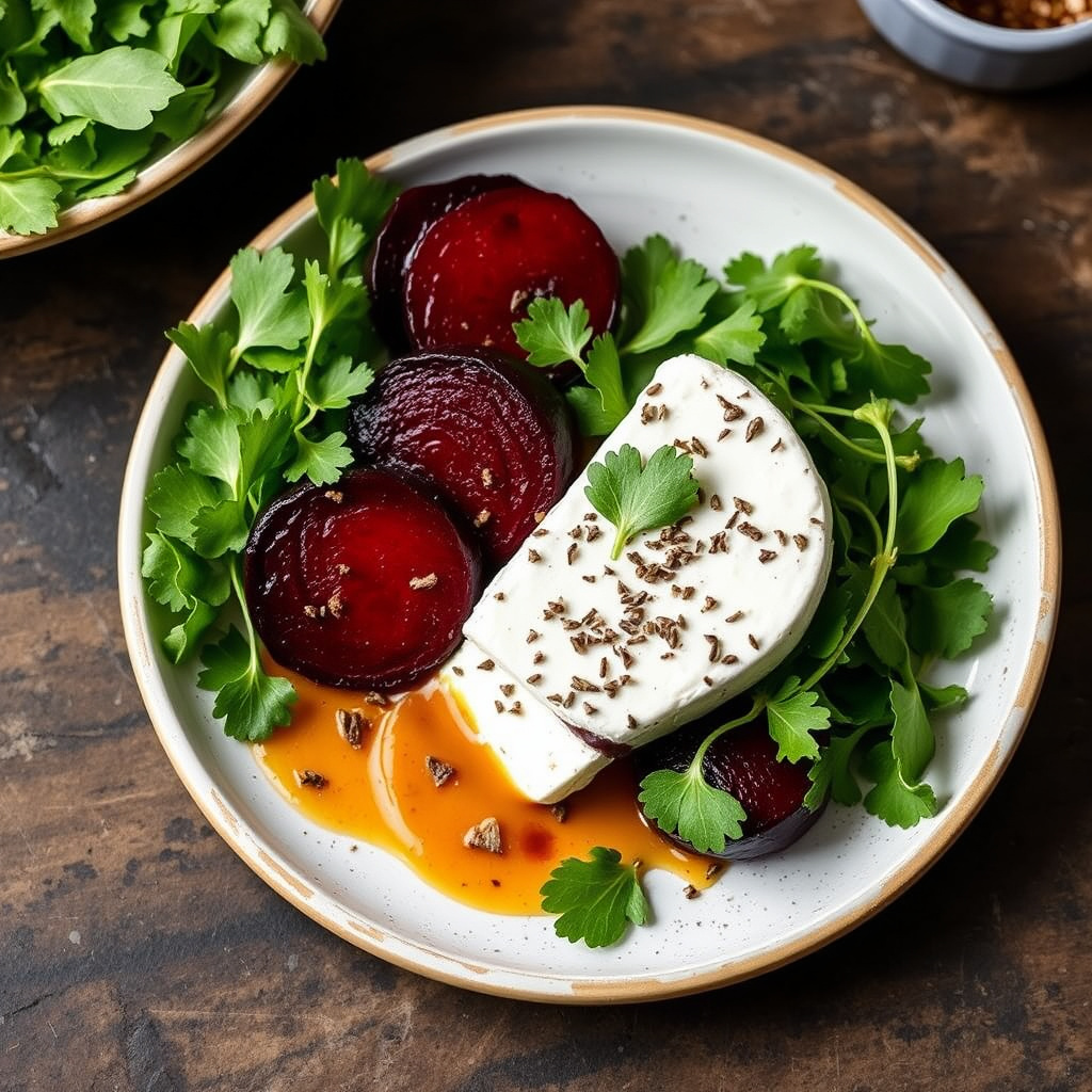 Urtegeitost, ovnsbakte rødbeter og vannkresse-salat