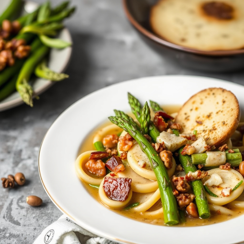 Valnøtt- og pancettapansoti med asparges i parmesanbuljong