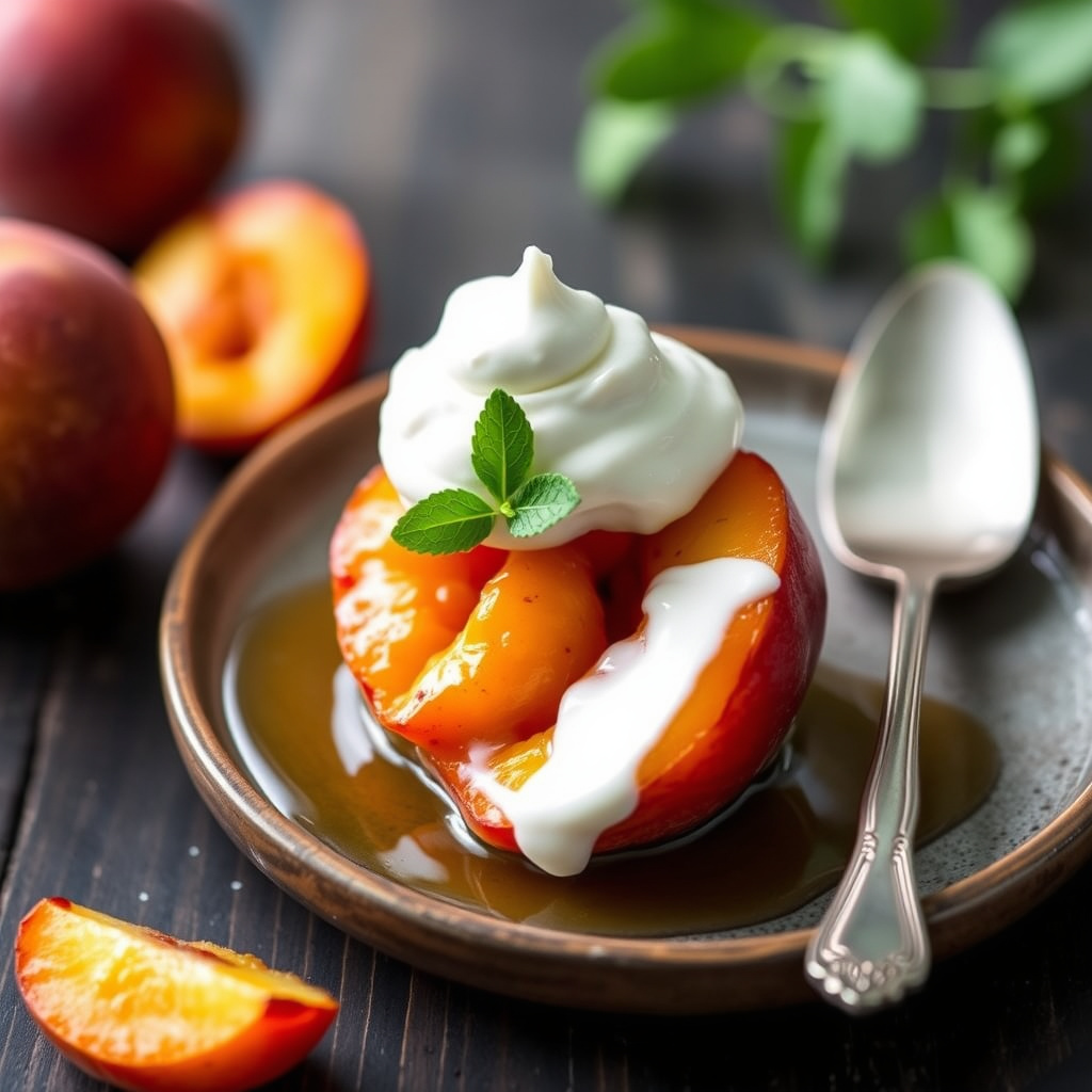 Vanilje-pocherte ferskener med pisket myntet yoghurt