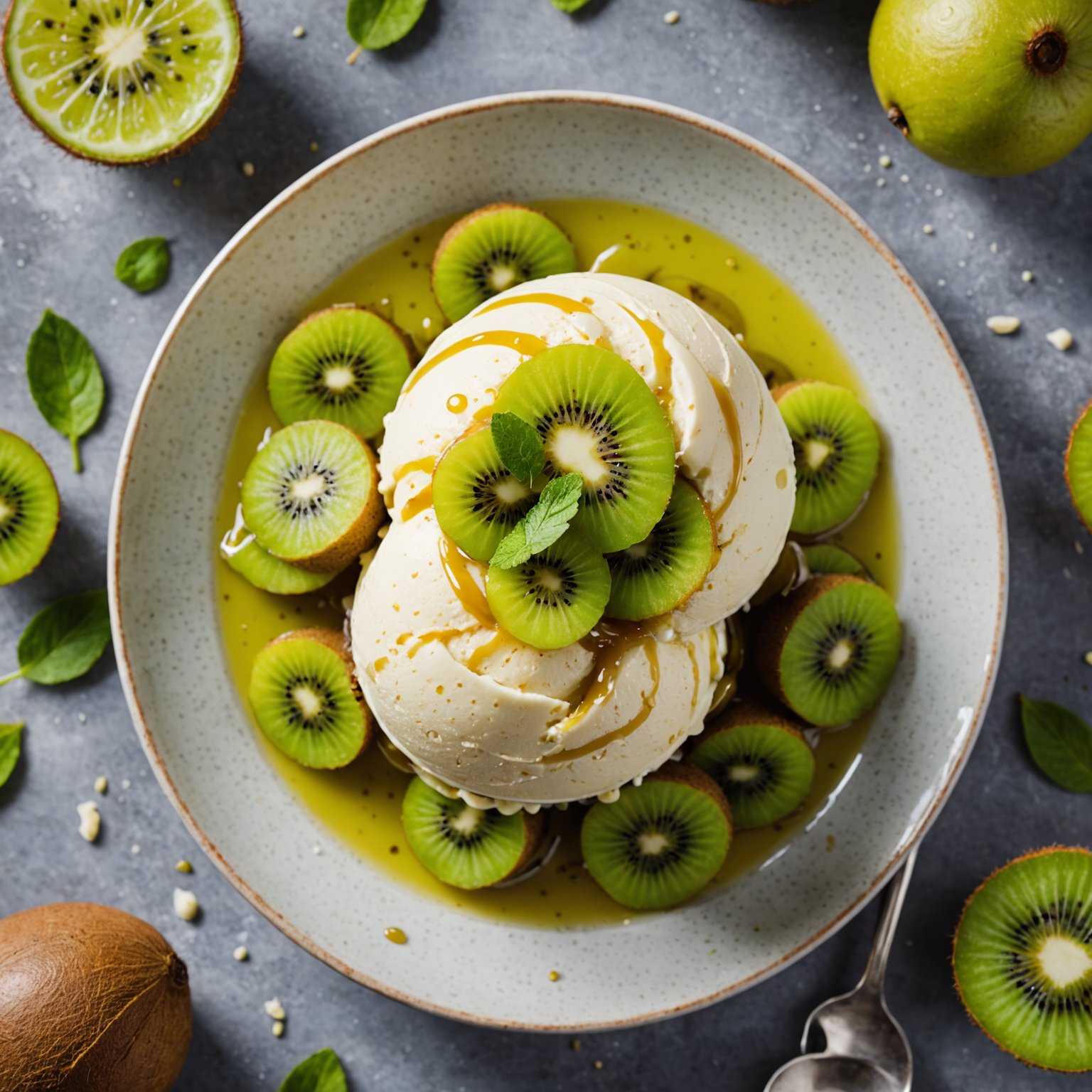 Vaniljeis med kiwi og banan i lime- og romsaus