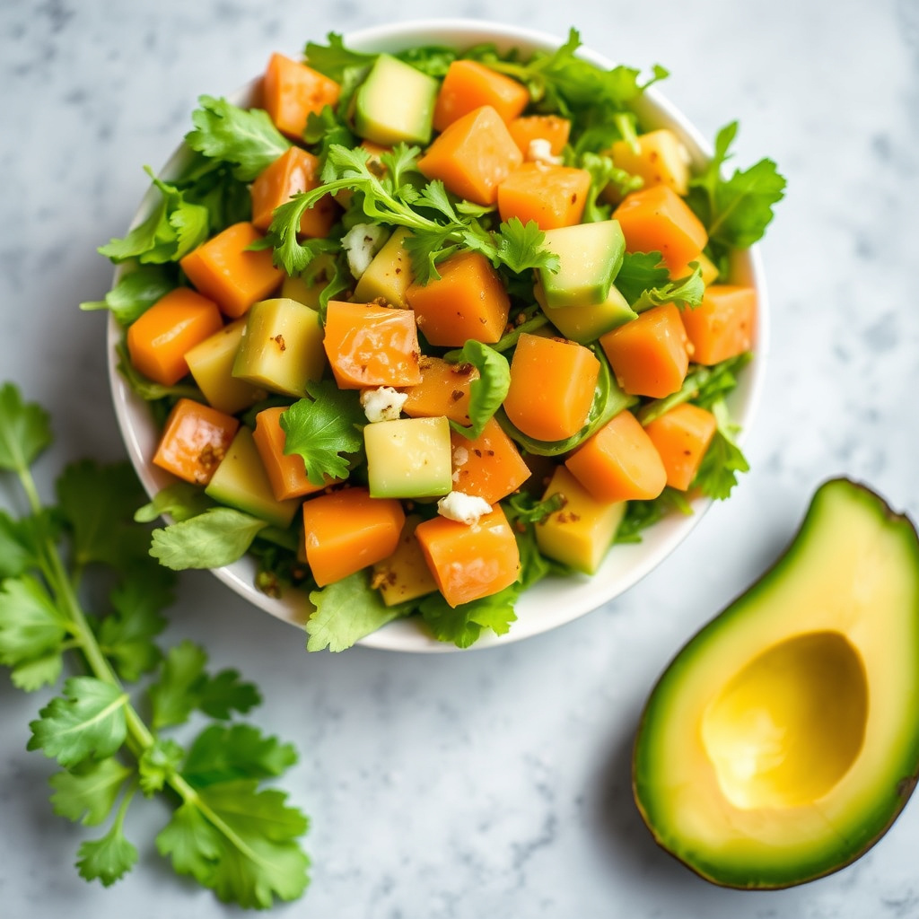Tropisk salat med vannkresse, chayote og avokado
