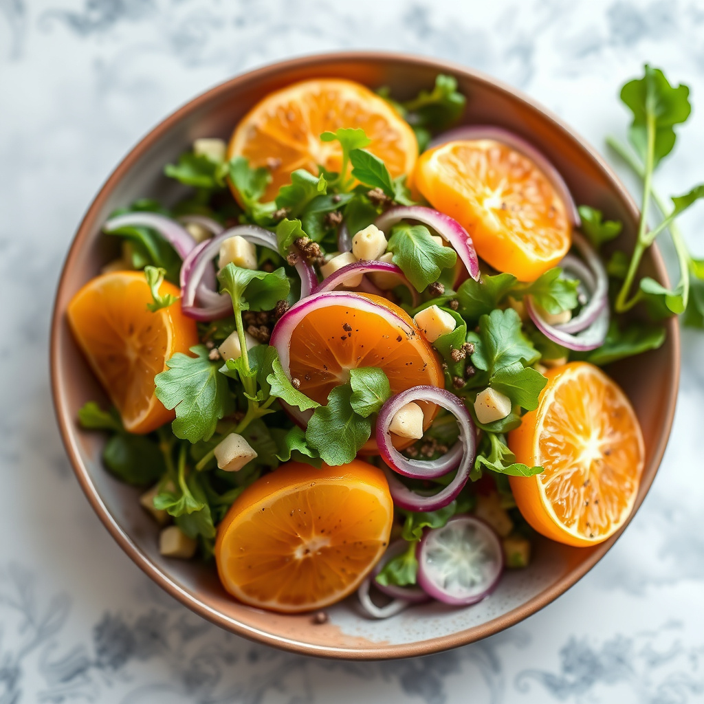 Vannkresse- og mandarinsalat med rødløk og peppervinaigrette