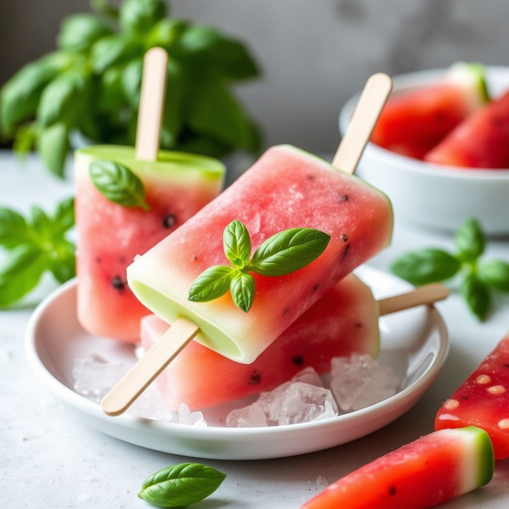 Vannmelon-, chili- og basilikum-is på pinne