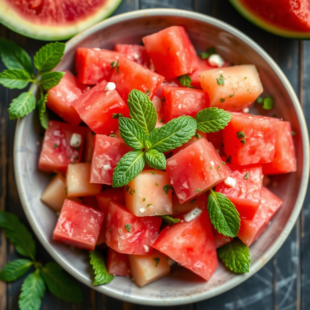Vannmelon- og honningmelonsalat med myntedressing